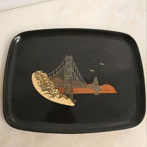 COUROC San Francisco Golden Gate Bridge serving tray MCM 60s inlaid wood metal